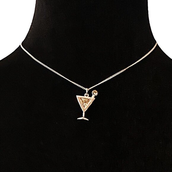 Cocktail Drink Martini Glass Pendant Necklace Silver Tone 16 Inch Necklace - Picture 1 of 4